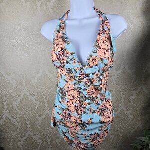 Summer Mae Size XL Tankini Top Blue Peach Green Red Floral Halter Style NWT